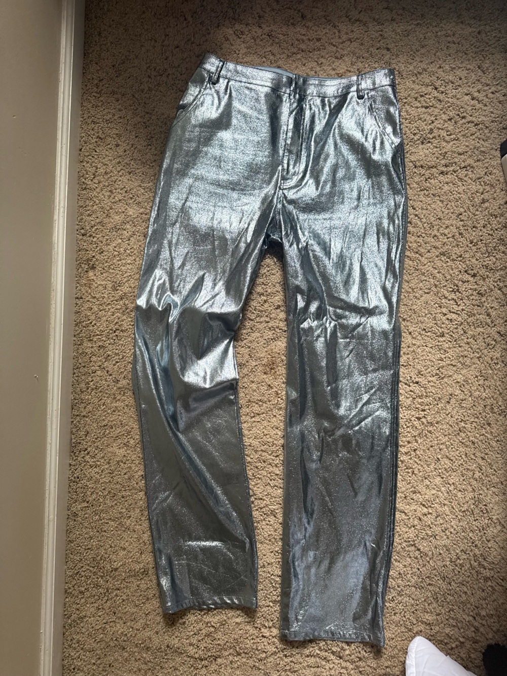 Metallic Blue Women's Straight-Leg Pants